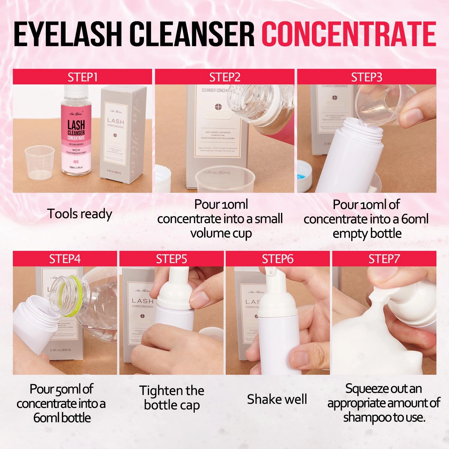 Lash Shampoo Concentrate 100 ml/3.4 fl.oz Lash Cleanser Concentrate Oil Free Eyelash Extension Shampoo for Salon Home Eyelash Care-Can Make 20 bottles of 60ml Lash Shampoo,Rose