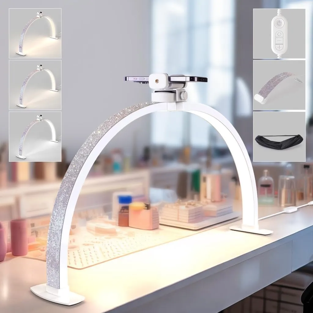 Lavinda Pro Nail Desk Lamp for Nail Techs - 3000-6000K Adjustable Half Moon Light with Phone Holder, 29in Foldable Nail Table Light for DIY, Eyelash, Tattoo & Skincare (Crystal Diamond)