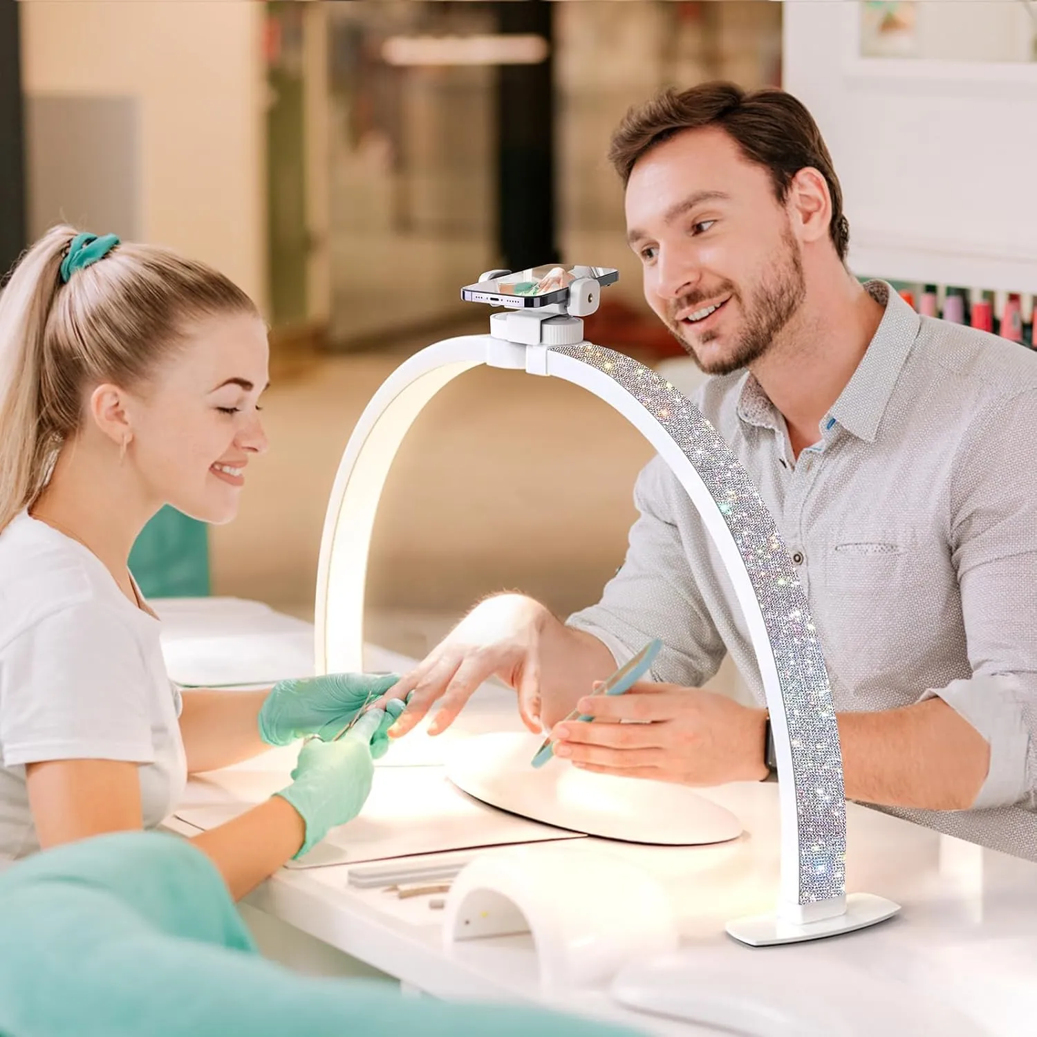Lavinda Pro Nail Desk Lamp for Nail Techs - 3000-6000K Adjustable Half Moon Light with Phone Holder, 29in Foldable Nail Table Light for DIY, Eyelash, Tattoo & Skincare (Crystal Diamond)