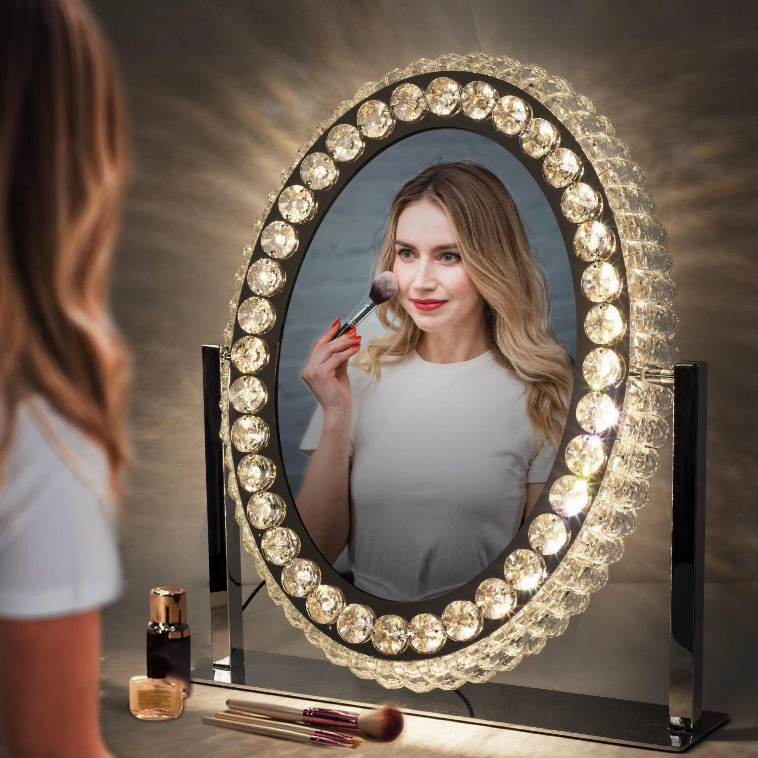 LED Vanity Mirror with Lights Large Oval Crystal Tabletop Makeup Mirror for Bedroom 3 Colors Dimmable 360°Rotating Smart Touch with Plug in Chrome