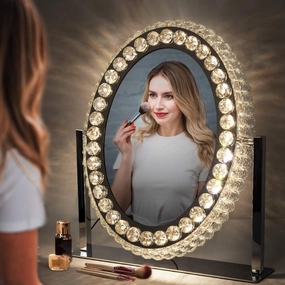 LED Vanity Mirror with Lights Large Oval Crystal Tabletop Makeup Mirror for Bedroom 3 Colors Dimmable 360°Rotating Smart Touch with Plug in Chrome