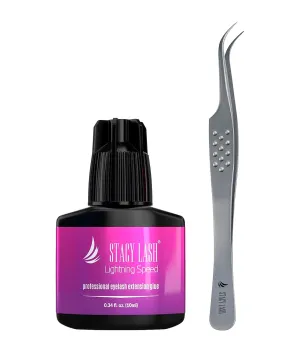 Lightning Speed Eyelash Extension Glue 10ml & STL-10 Curved Tweezers - Stacy Lash/Black Adhesive 0.3Sec Drying Time/Retention 6-8 Weeks/Precision Stainless Steel Tool/Professional Supplies