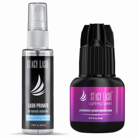Lightning Speed Eyelash Extensions Glue – Stacy Lash 5ml   40ml Primer/ 0.3 Sec Drying time/Retention – 6-8 Weeks/Lowest Fumes/Maximum Bonding Power/Professional Use Only/Black Adhesive