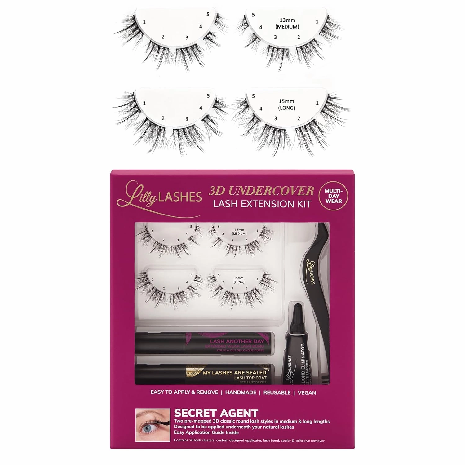 Lilly Lashes 3D Undercover Kit, DIY Lash Extension Kit in Secret Agent, At Home Eyelash Extension Kit Includes Lash Clusters   Lash Bond and Seal   Lash Applicator Tool, Classic Lengthening Style