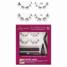 Lilly Lashes 3D Undercover Kit, DIY Lash Extension Kit in Secret Agent, At Home Eyelash Extension Kit Includes Lash Clusters   Lash Bond and Seal   Lash Applicator Tool, Classic Lengthening Style