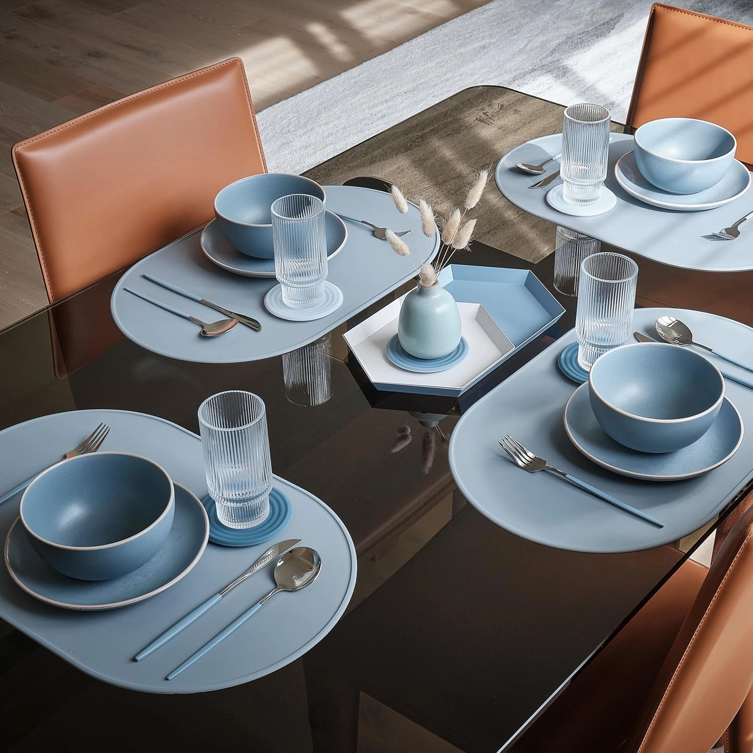 LINE ARC Waterproof, Stain-Resistant, Heat-Safe Silicone Degrē Placemats (20.5x13, Set of 2 Sage) 3mm-High Rim Adults Babies Easy-to-Clean Washable Oval Modern Non-Slip Large Table Mats