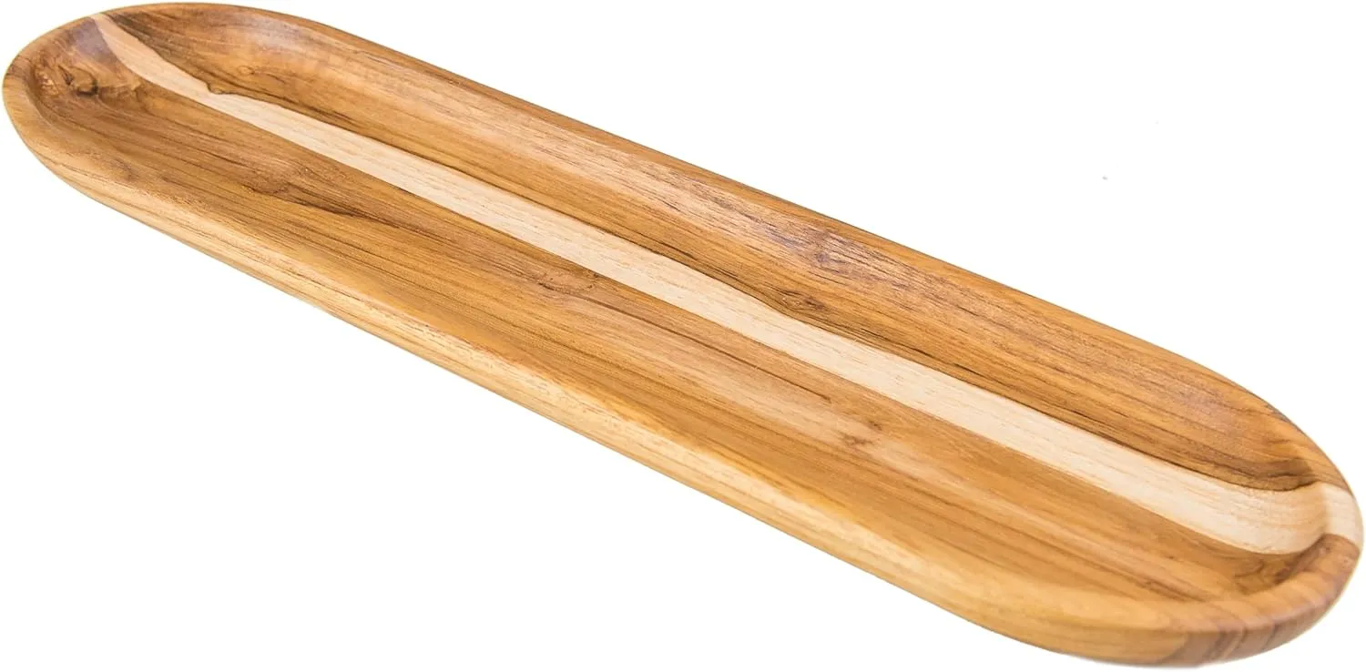 Lipper International Teak Wood Oval Bread Cutting and Serving Tray for Bread, Meats, Cheeses, or Fruit, 16" x 4" x 1"