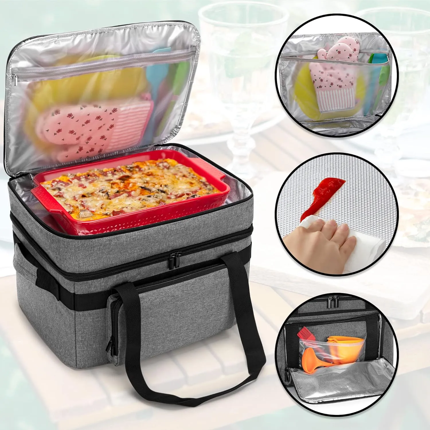 LUXJA Insulated Slow Cooker Bag (with a Bottom Pad and Side Handles) for 6-8 Quart Oval Slow Cooker, Double Layer Carrying Case Compatible with Crock-Pot and Hamilton Beach, Gray