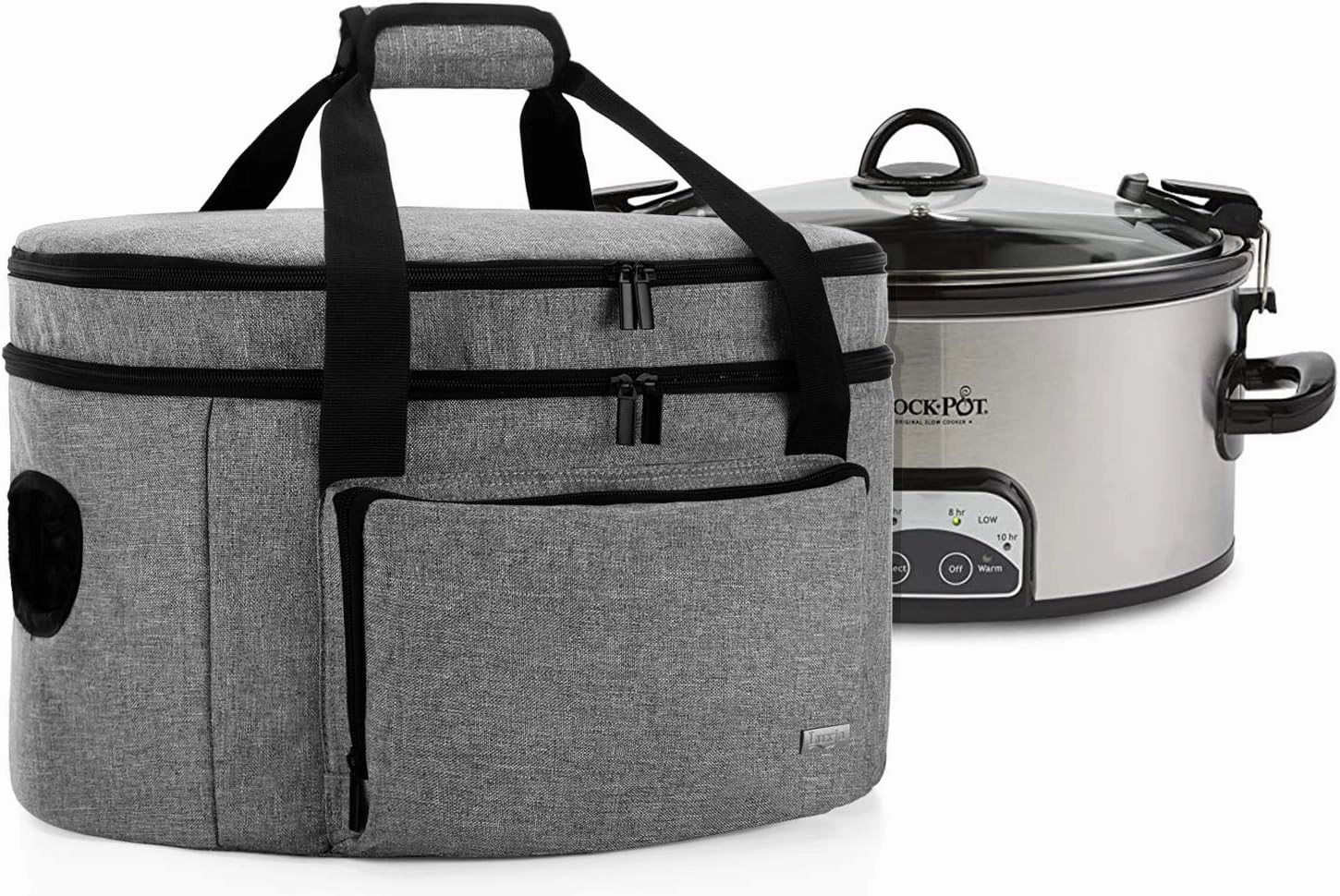 LUXJA Double Layers Slow Cooker Bag (with a Bottom Pad and Lid Fasten Straps), Insulated Carrier Fits for Most 6-8 Quart Oval Slow Cooker, Gray (Bag Only)