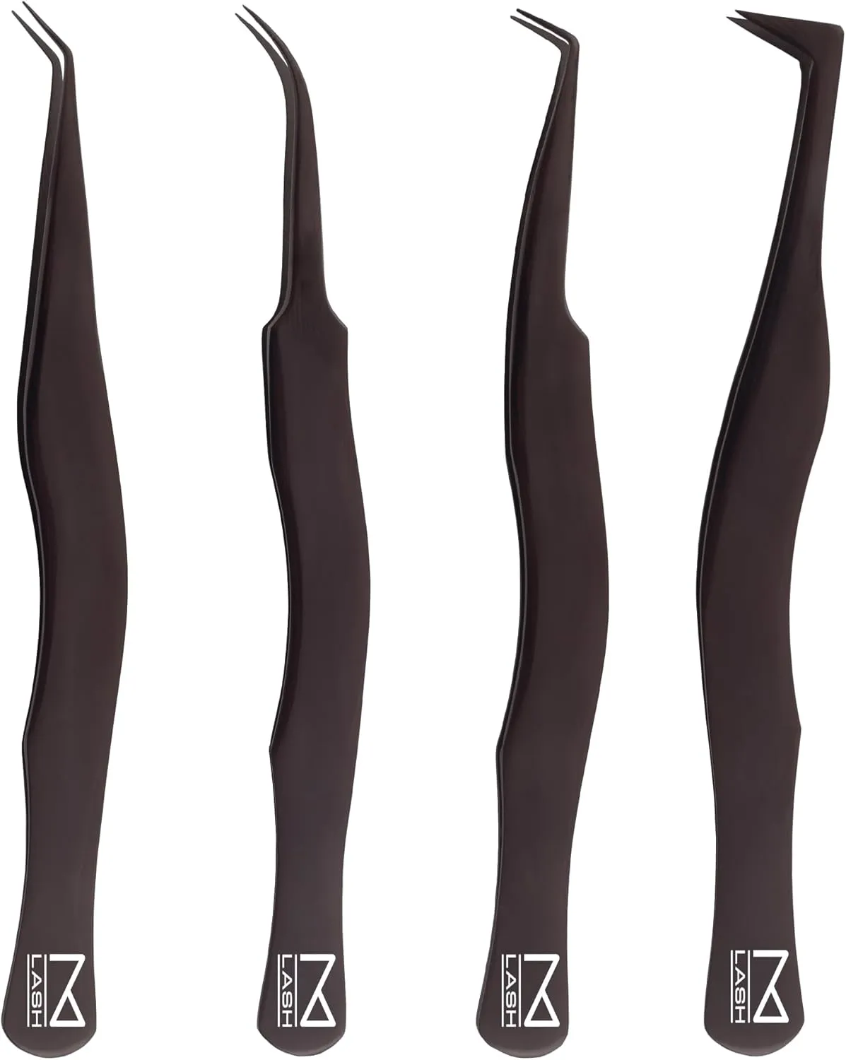 M LASH Eyelash Tweezers for Eyelash Extensions (Set of 4) - Professional Lash Extension Tweezers - Fiber Tip Lash Tweezers, Japanese Steel, Diamond Grip For Flawless Application (Black)
