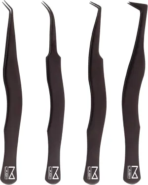 M LASH Eyelash Tweezers for Eyelash Extensions (Set of 4) - Professional Lash Extension Tweezers - Fiber Tip Lash Tweezers, Japanese Steel, Diamond Grip For Flawless Application (Black)
