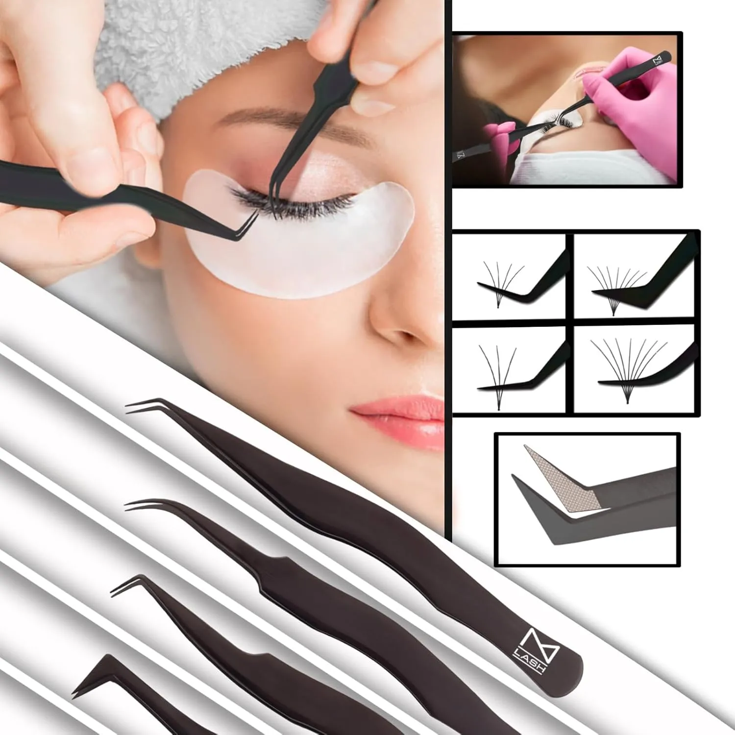 M LASH Eyelash Tweezers for Eyelash Extensions (Set of 4) - Professional Lash Extension Tweezers - Fiber Tip Lash Tweezers, Japanese Steel, Diamond Grip For Flawless Application (Black)