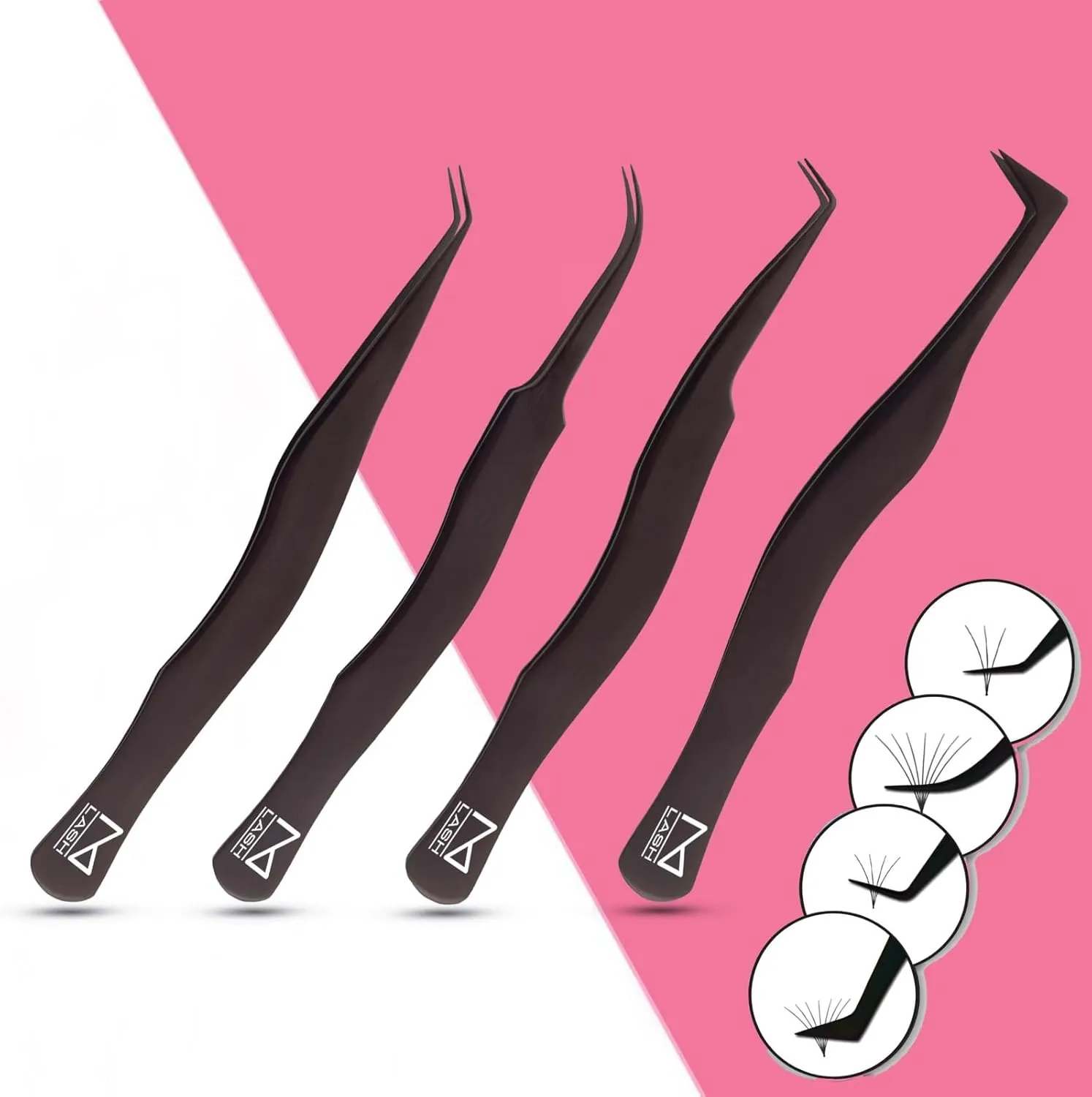 M LASH Eyelash Tweezers for Eyelash Extensions (Set of 4) - Professional Lash Extension Tweezers - Fiber Tip Lash Tweezers, Japanese Steel, Diamond Grip For Flawless Application (Black)