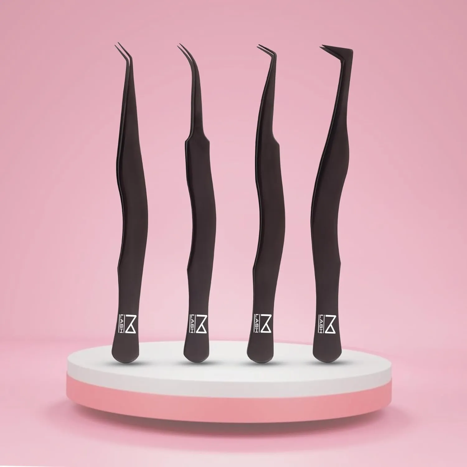 M LASH Eyelash Tweezers for Eyelash Extensions (Set of 4) - Professional Lash Extension Tweezers - Fiber Tip Lash Tweezers, Japanese Steel, Diamond Grip For Flawless Application (Black)