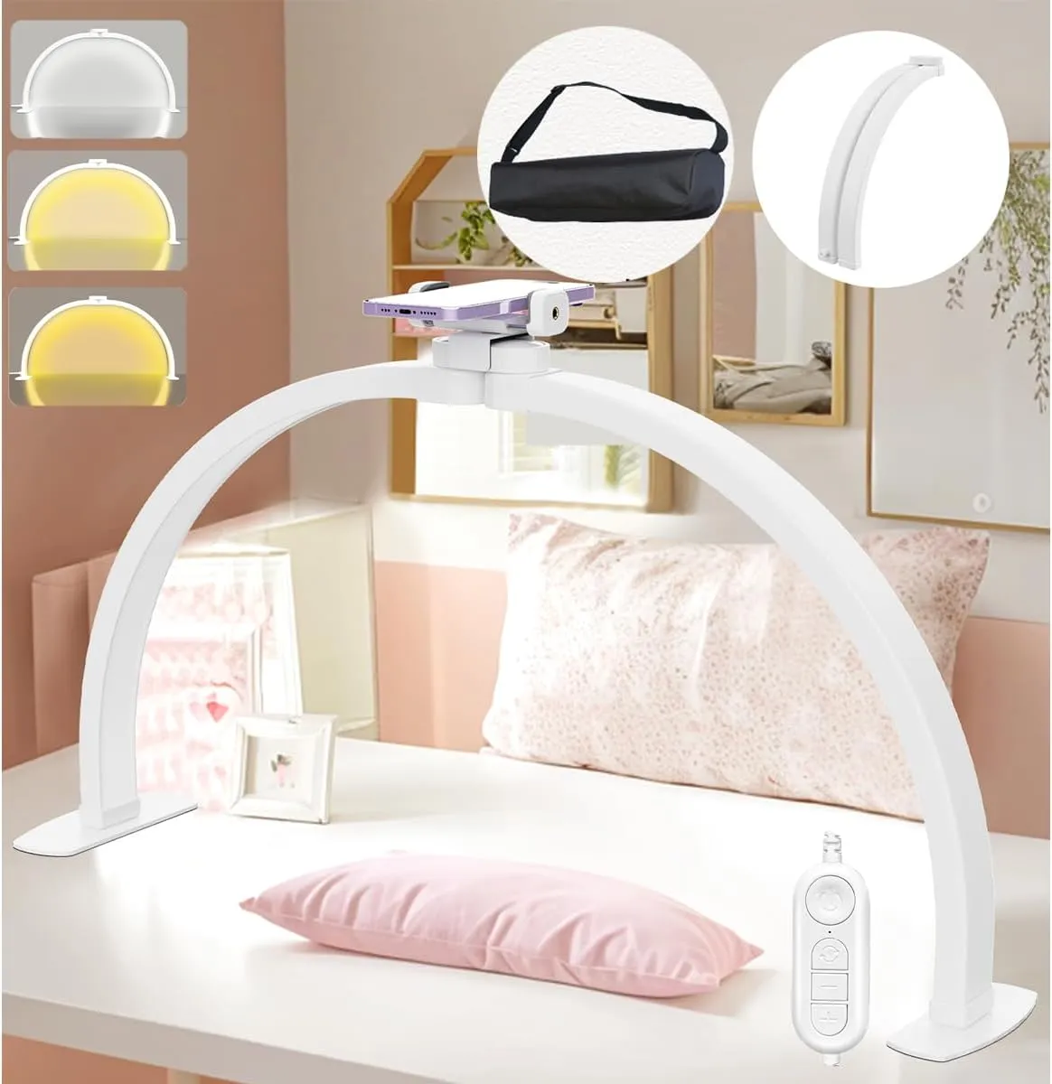 MACTREM Half Moon Light for Nail Desk,Foldable Nail Tech Lights Nail Lamp for Desk with Phone Holder/Carrying Bag, 30In 40W, 3 Color Modes, 10 Brightness for Beauty/Eyelashes/Tattoos/Crafts