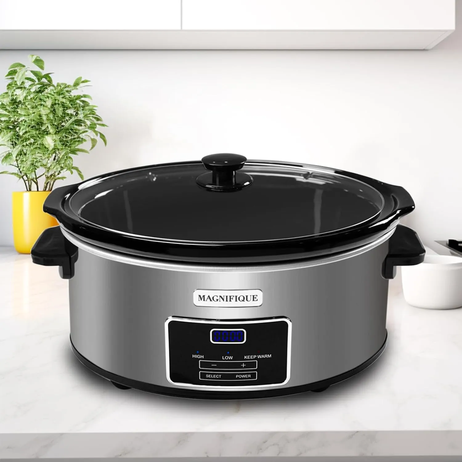 MAGNIFIQUE 6-Quart Casserole Slow Cooker with Timer and Digital Programmable - Small Kitchen Appliance for Family Dinners - Serves 6  People - Heat Settings: Keep Warm, Low and High