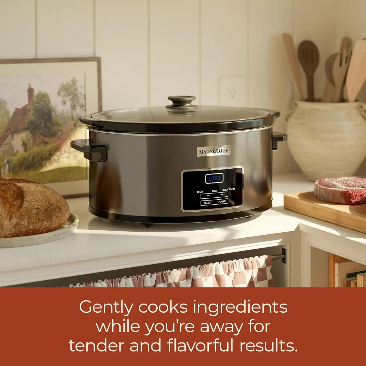 MAGNIFIQUE 6-Quart Casserole Slow Cooker with Timer and Digital Programmable - Small Kitchen Appliance for Family Dinners - Serves 6  People - Heat Settings: Keep Warm, Low and High