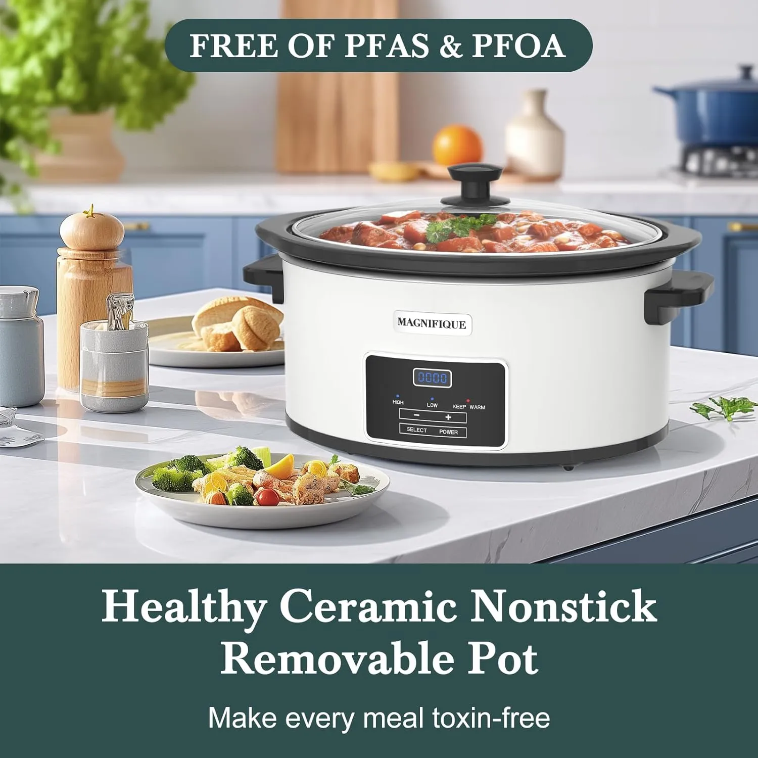 MAGNIFIQUE 6-Quart Programmable Slow Cooker with Timer Keep Warm - Small Kitchen Appliance for Family Dinners - Serves 6  People - Heat Settings: Keep Warm(White, Black Liner)