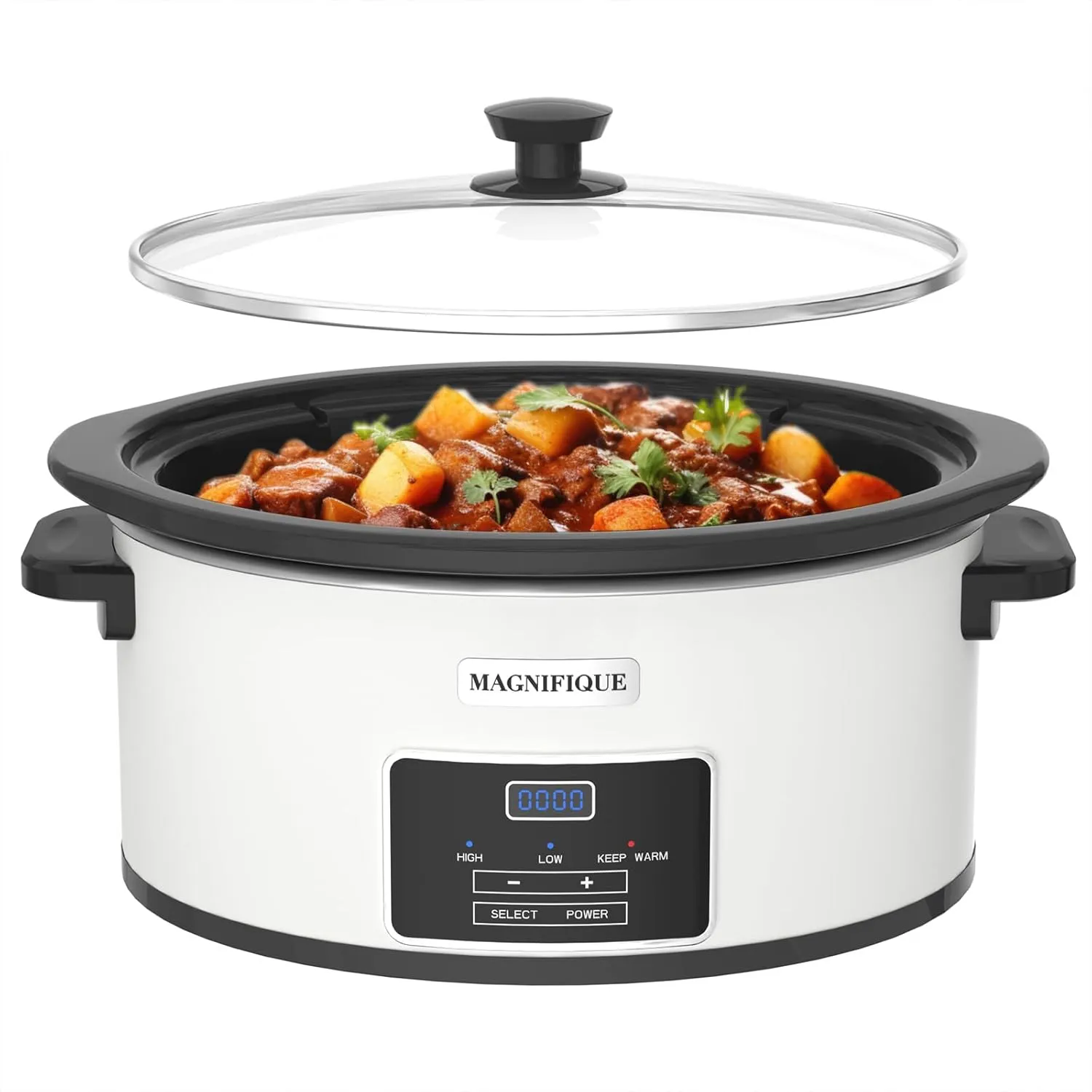 MAGNIFIQUE 6-Quart Programmable Slow Cooker with Timer Keep Warm - Small Kitchen Appliance for Family Dinners - Serves 6  People - Heat Settings: Keep Warm(White, Black Liner)
