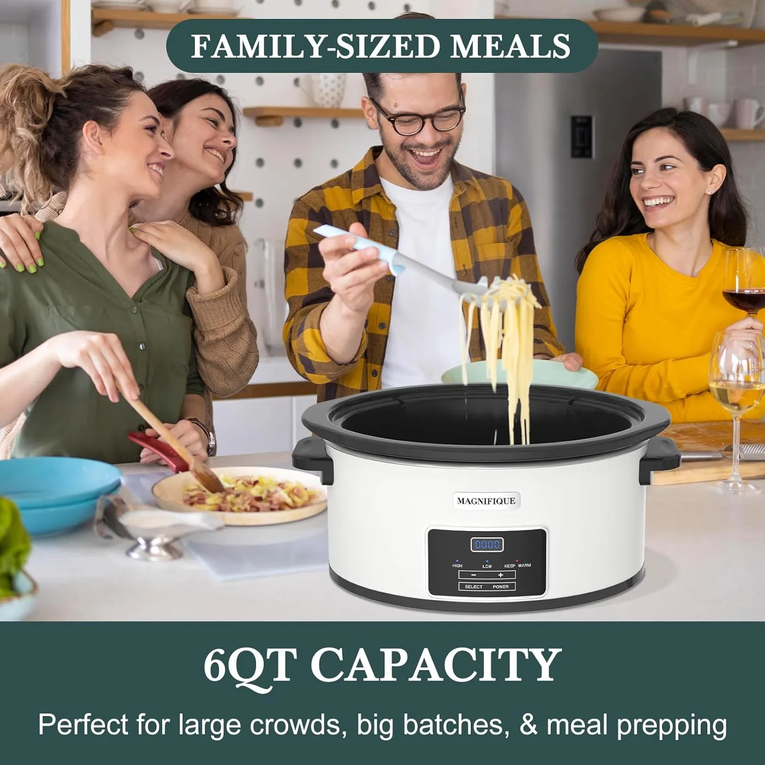 MAGNIFIQUE 6-Quart Programmable Slow Cooker with Timer Keep Warm - Small Kitchen Appliance for Family Dinners - Serves 6  People - Heat Settings: Keep Warm(White, Black Liner)