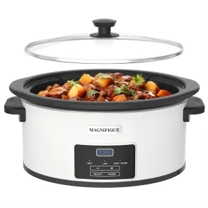 MAGNIFIQUE 6-Quart Programmable Slow Cooker with Timer Keep Warm - Small Kitchen Appliance for Family Dinners - Serves 6  People - Heat Settings: Keep Warm(White, Black Liner)