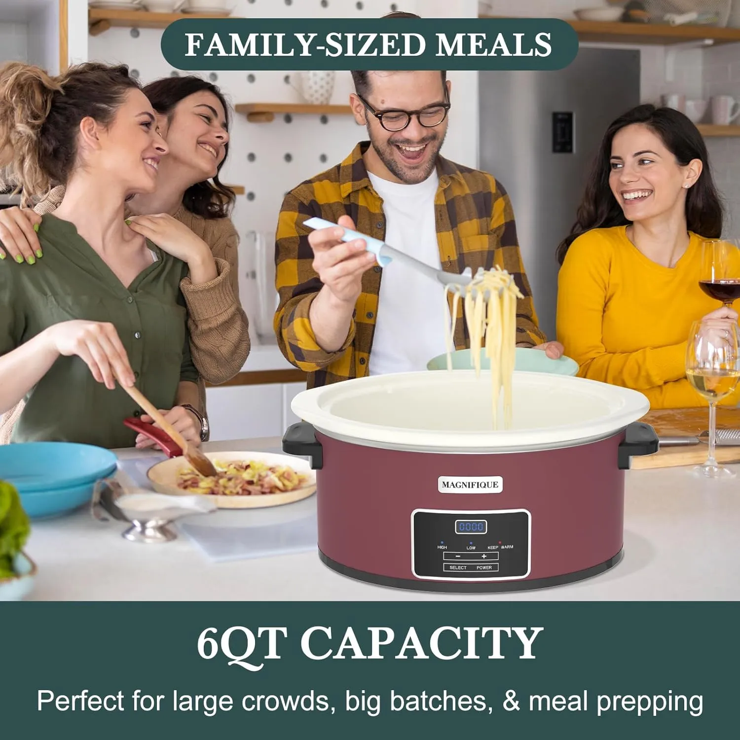 MAGNIFIQUE 6-Quart Programmable Slow Cooker with Timer - Small Kitchen Appliance for Family Dinners - Serves 6  People - Heat Settings: Keep Warm(Red Shell   White Ceramic Liner)