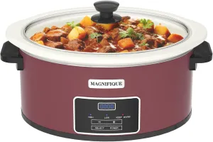 MAGNIFIQUE 6-Quart Programmable Slow Cooker with Timer - Small Kitchen Appliance for Family Dinners - Serves 6  People - Heat Settings: Keep Warm(Red Shell   White Ceramic Liner)