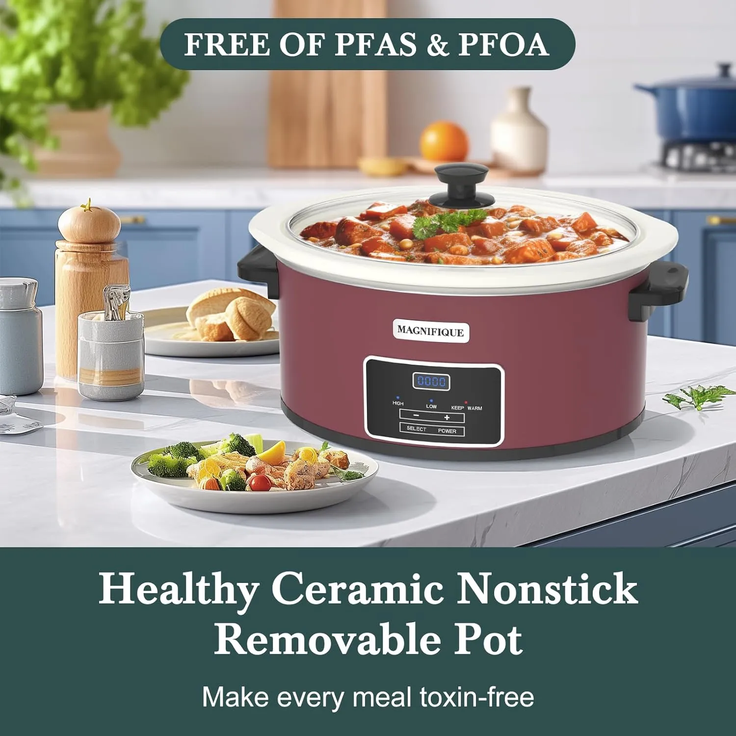 MAGNIFIQUE 6-Quart Programmable Slow Cooker with Timer - Small Kitchen Appliance for Family Dinners - Serves 6  People - Heat Settings: Keep Warm(Red Shell   White Ceramic Liner)