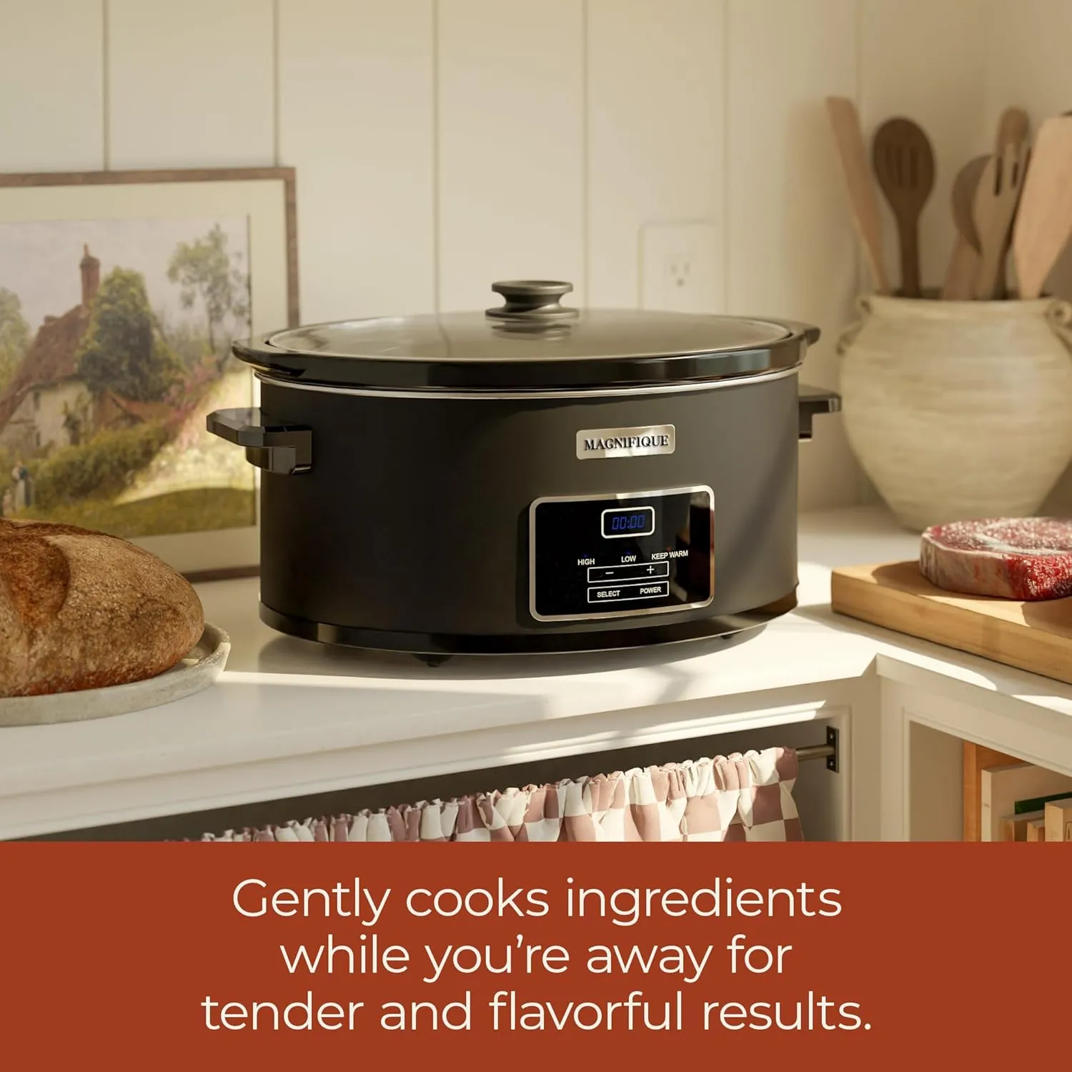 MAGNIFIQUE 7-Quart Casserole Slow Cooker with Timer and Digital Programmable - Small Kitchen Appliance for Family Dinners - Serves 6  People - Heat Settings: Keep Warm, Low and High