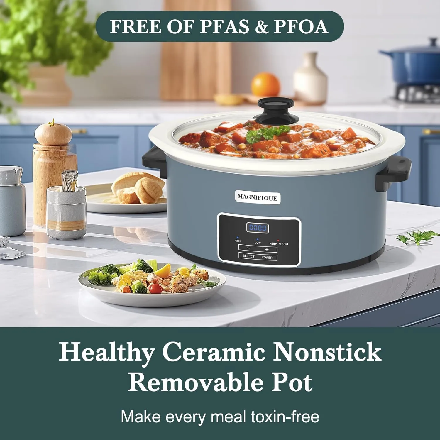 MAGNIFIQUE 7-Quart Programmable Slow Cooker with Timer Keep Warm - Small Kitchen Appliance for Family Dinners - Serves 6  People (Blue)