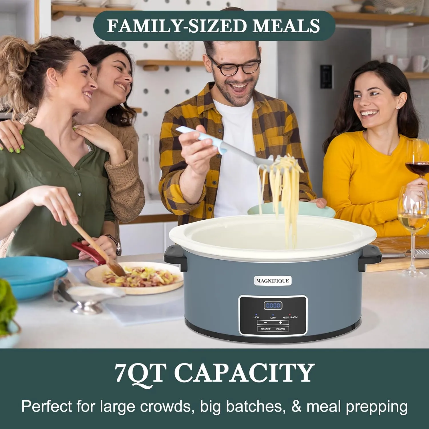 MAGNIFIQUE 7-Quart Programmable Slow Cooker with Timer Keep Warm - Small Kitchen Appliance for Family Dinners - Serves 6  People (Blue)