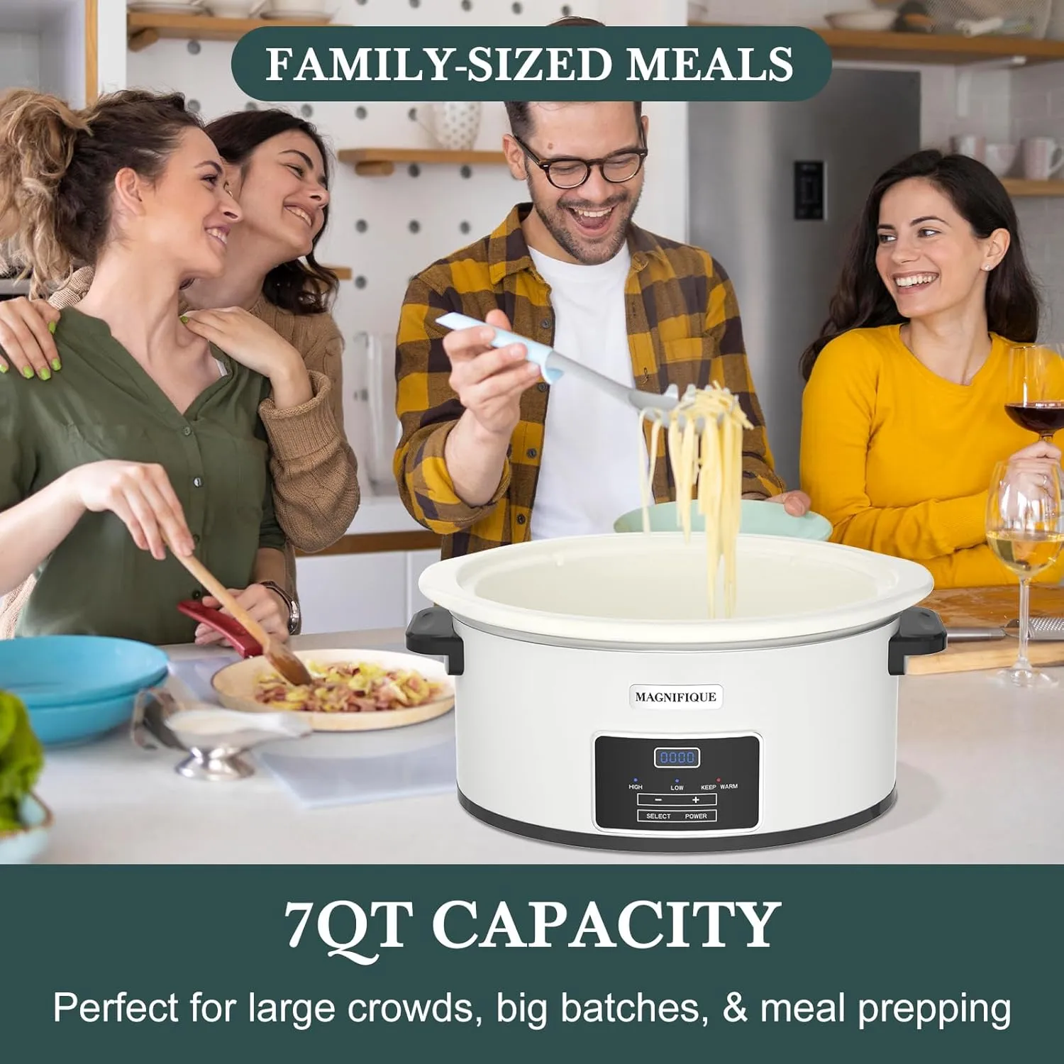 MAGNIFIQUE 7-Quart Programmable Slow Cooker with Timer Keep Warm - Small Kitchen Appliance for Family Dinners - Serves 6  People (White)