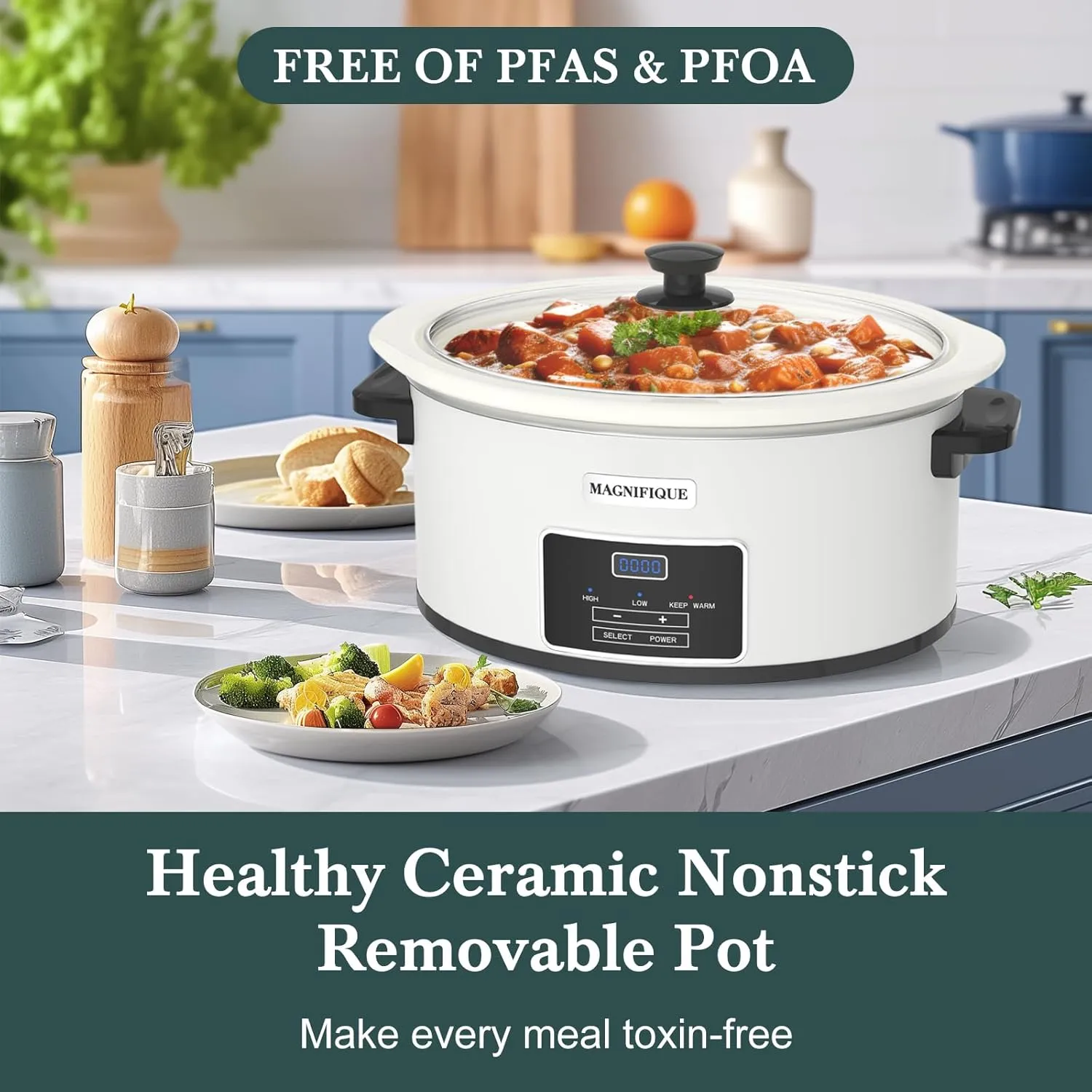 MAGNIFIQUE 7-Quart Programmable Slow Cooker with Timer Keep Warm - Small Kitchen Appliance for Family Dinners - Serves 6  People (White)