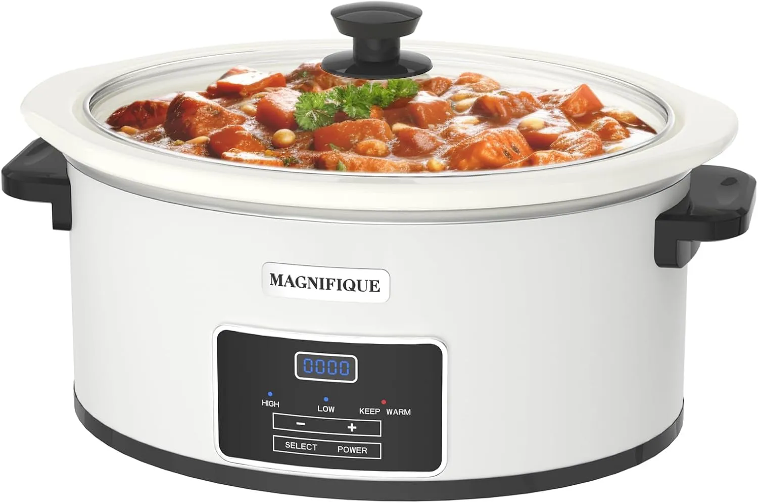 MAGNIFIQUE 7-Quart Programmable Slow Cooker with Timer Keep Warm - Small Kitchen Appliance for Family Dinners - Serves 6  People (White)