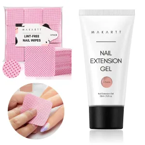 Makartt Poly Nail Gel and Pink Lint Free Nail Wipes Bundle, 50ML Nude Nature Nail Extension Gel, 1000pcs Super Absorbent Soft Nail Wipes