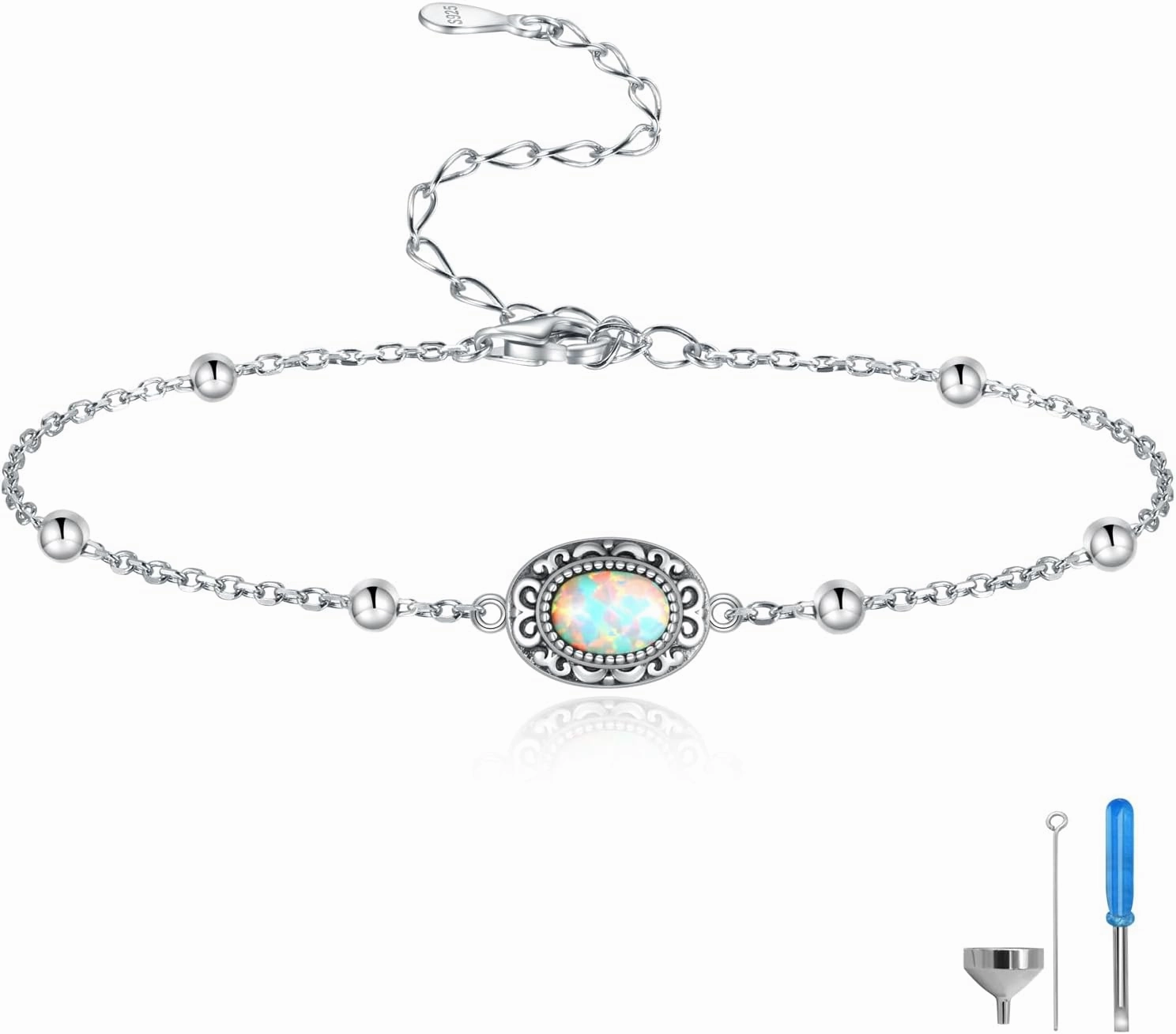 MANBU Sterling Silver Cremation Bracelet for Ashes: Oval Opal Urn Ash Bracelet Memorial Jewelry Bereavement Keepsake Gifts for Loss of a Loved One