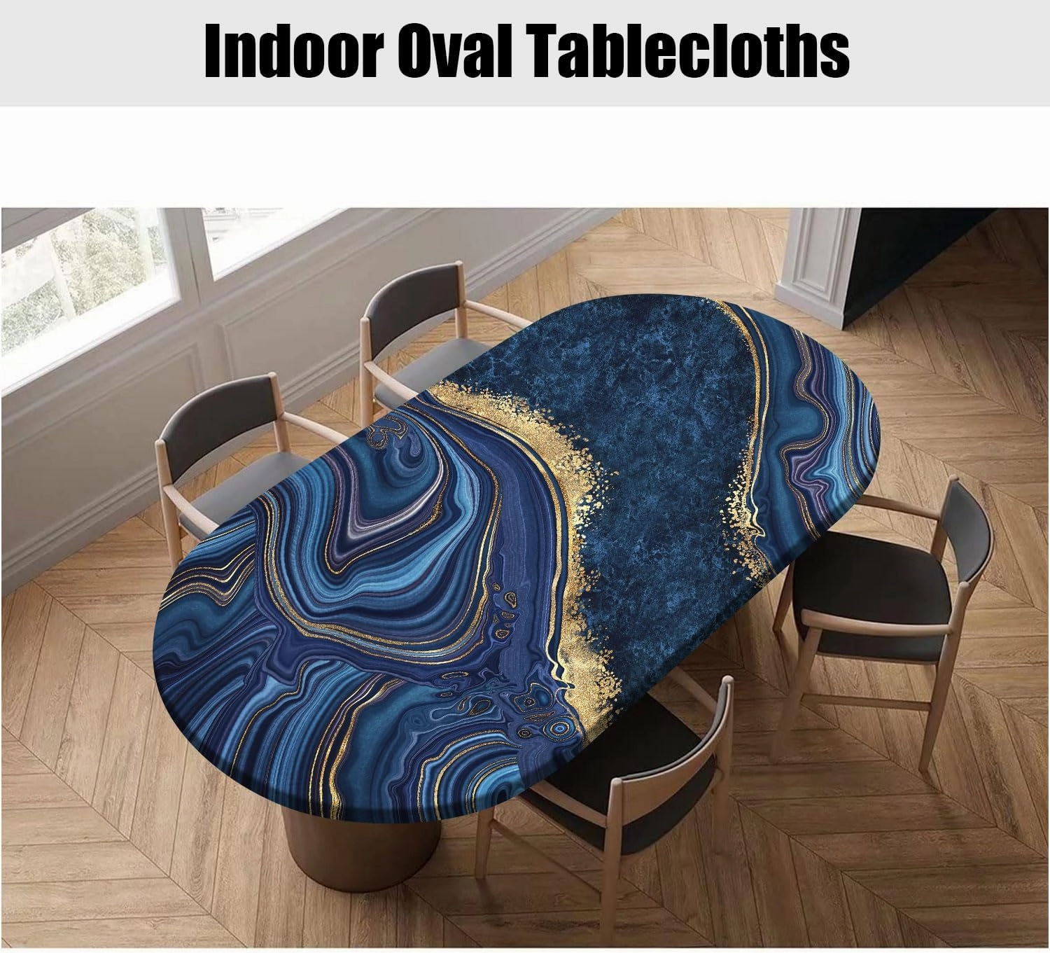 Marble Table Cloth, Blue Gold Marble Print Fitted Tablecloths, Polyester Table Cover for Indoor Holiday Family Banquet and Outdoor Patio Use, Fits 48" x 68" Tables