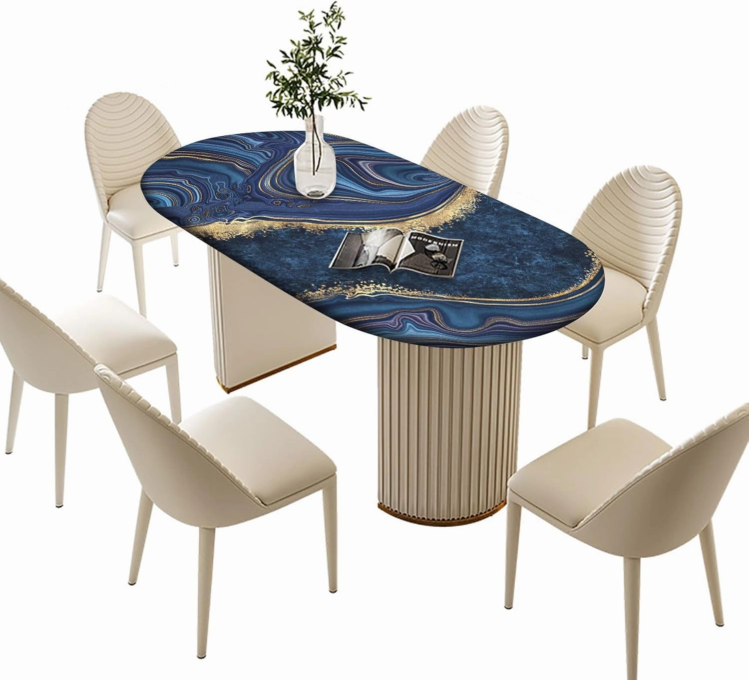 Marble Table Cloth, Blue Gold Marble Print Fitted Tablecloths, Polyester Table Cover for Indoor Holiday Family Banquet and Outdoor Patio Use, Fits 48" x 68" Tables