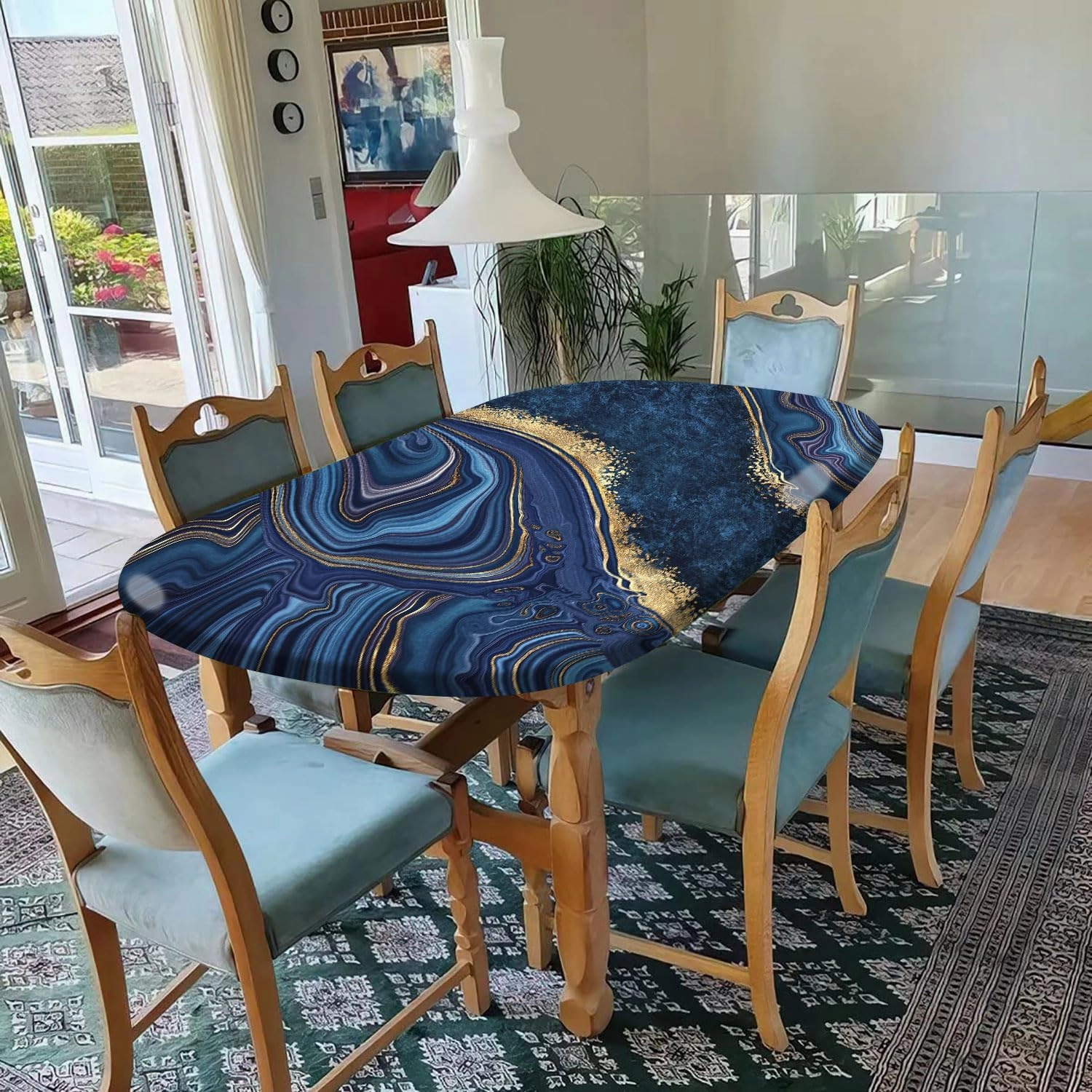 Marble Table Cloth, Blue Gold Marble Print Fitted Tablecloths, Polyester Table Cover for Indoor Holiday Family Banquet and Outdoor Patio Use, Fits 48" x 68" Tables