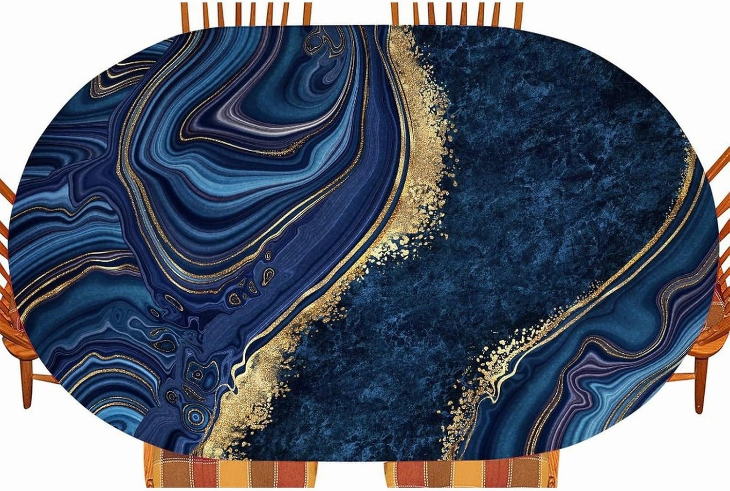 Marble Table Cloth, Blue Gold Marble Print Fitted Tablecloths, Polyester Table Cover for Indoor Holiday Family Banquet and Outdoor Patio Use, Fits 48" x 68" Tables