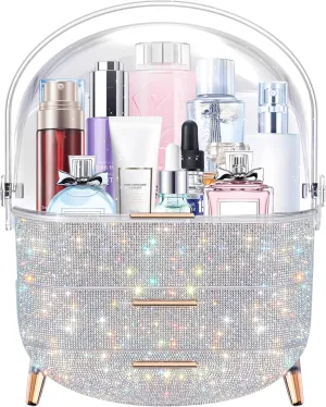 MASSY Egg Shape(Oval) Makeup Storage Box, Countertop Portable Vanity Cosmetics Organizer Preppy Style (Rhinestone)