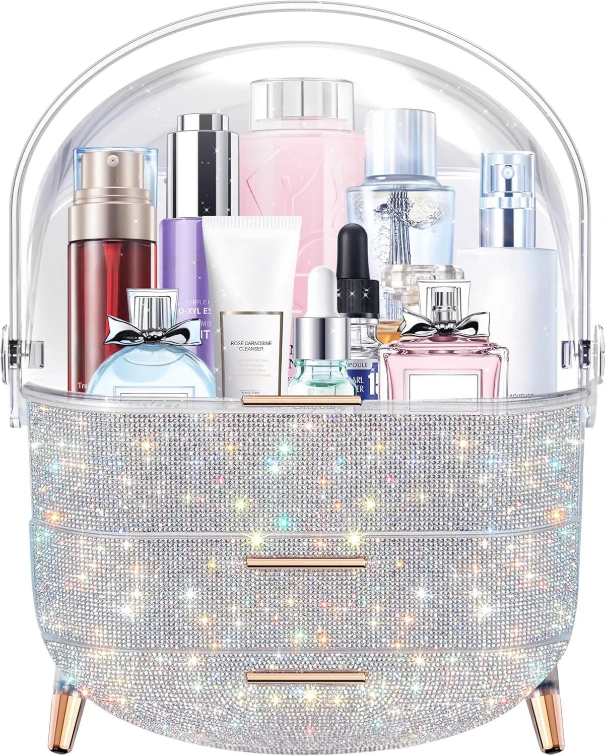 MASSY Egg Shape(Oval) Makeup Storage Box, Countertop Portable Vanity Cosmetics Organizer Preppy Style (Rhinestone)