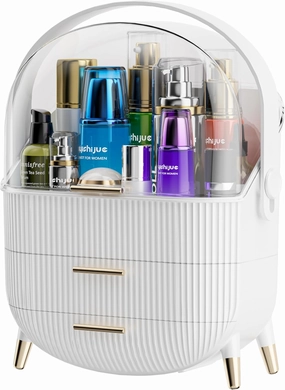 MASSY Egg Shape(Oval) Makeup Storage Box, Countertop Portable Vanity Cosmetics Organizer Preppy Style (WHITE)