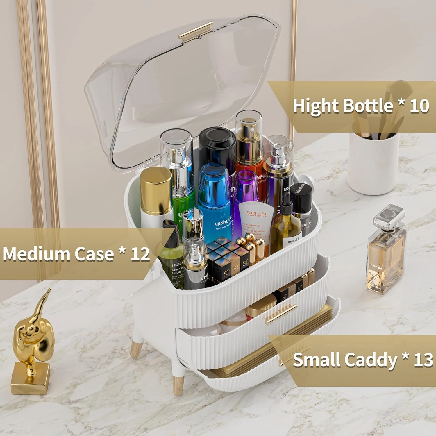 MASSY Egg Shape(Oval) Makeup Storage Box, Countertop Portable Vanity Cosmetics Organizer Preppy Style (WHITE)
