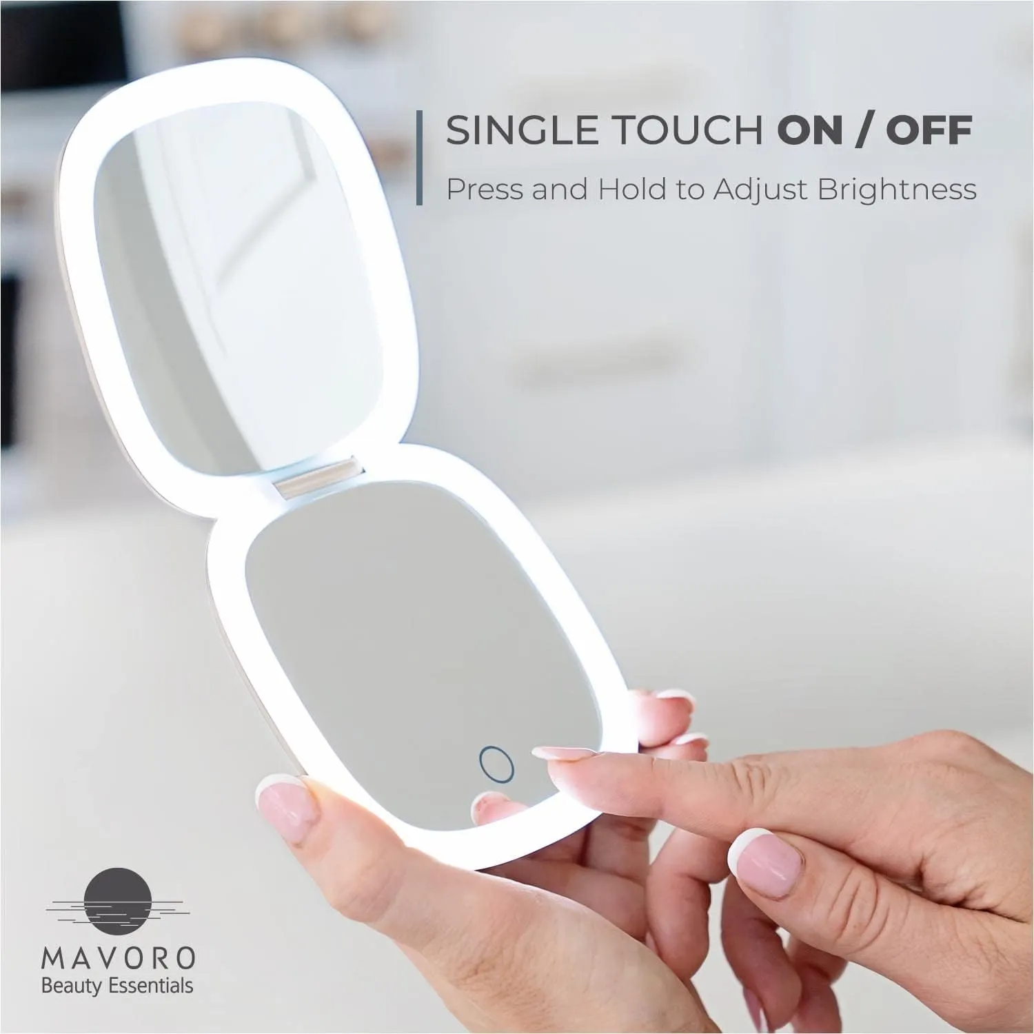 Mavoro LED Lighted Travel Makeup Mirror, Rechargeable, 1x/10x Magnification - Daylight LED, Pocket or Purse Mirror, Small Travel Mirror. Folding Portable Mirror, Touch Sensor, USB (Champagne Gold)