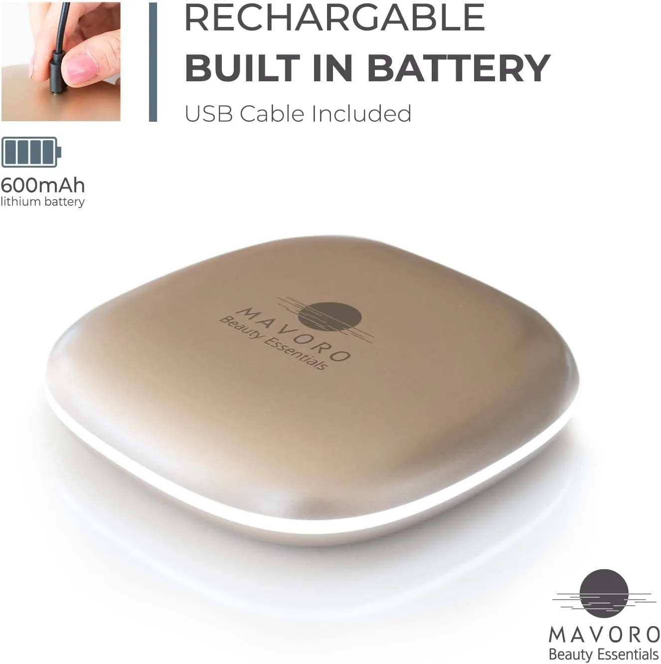 Mavoro LED Lighted Travel Makeup Mirror, Rechargeable, 1x/10x Magnification - Daylight LED, Pocket or Purse Mirror, Small Travel Mirror. Folding Portable Mirror, Touch Sensor, USB (Champagne Gold)