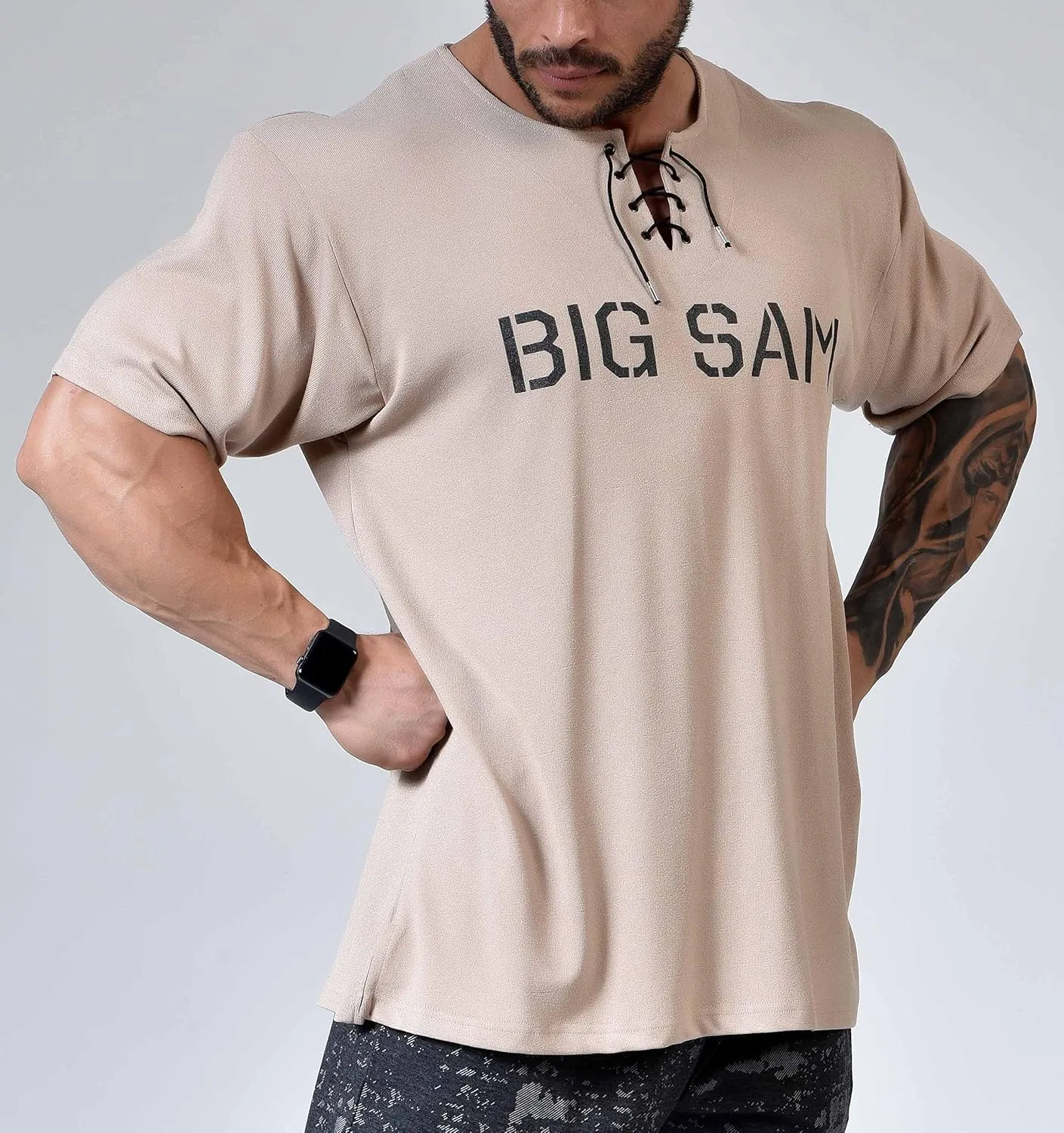 Men's Oversize T-Shirt, Flowy Flexible Active Lace up Top