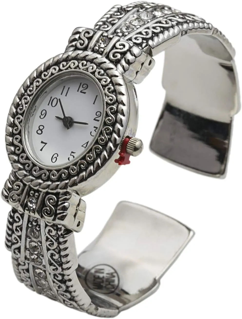 Metal Ladies Western Bangle/Cuff Watch with Simple Rhinestones on Band (Silver)