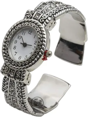 Metal Ladies Western Bangle/Cuff Watch with Simple Rhinestones on Band (Silver)