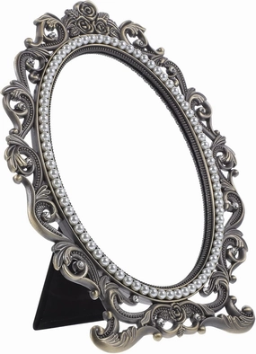 Metal Vintage Makeup Mirror Tabletop Cosmetic Mirror with Embossed Frame Stand Base Retro Desktop Oval Dressing Mirror for Bedroom Dresser Bronze